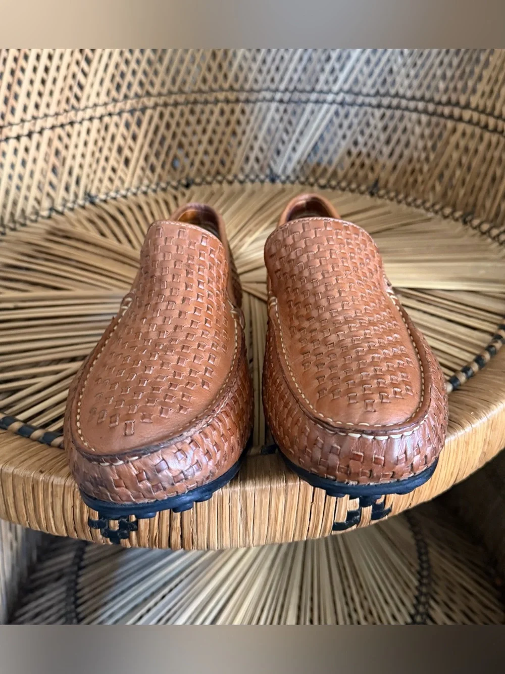 Saks Fifth Avenue Leather Basket Woven Loafer Driving Mocs Shoes Mens 9 Brown